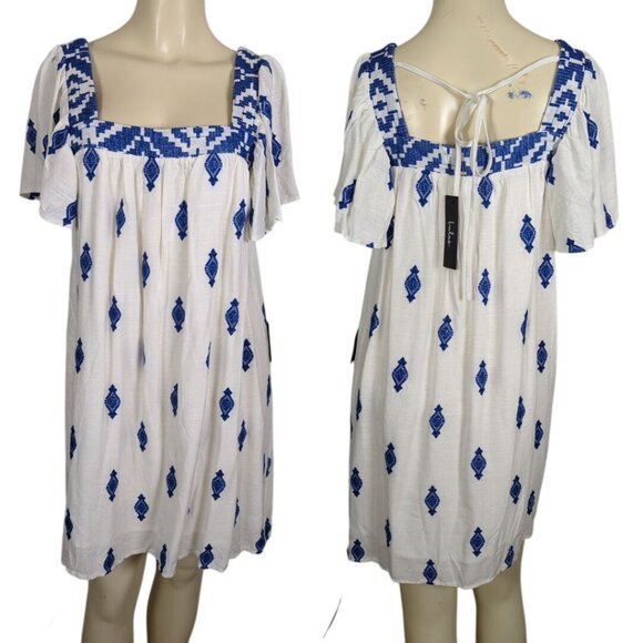Lulus Mykonos Moment white blue Embroidered linen shift mini dress‎ size M - Picture 1 of 16